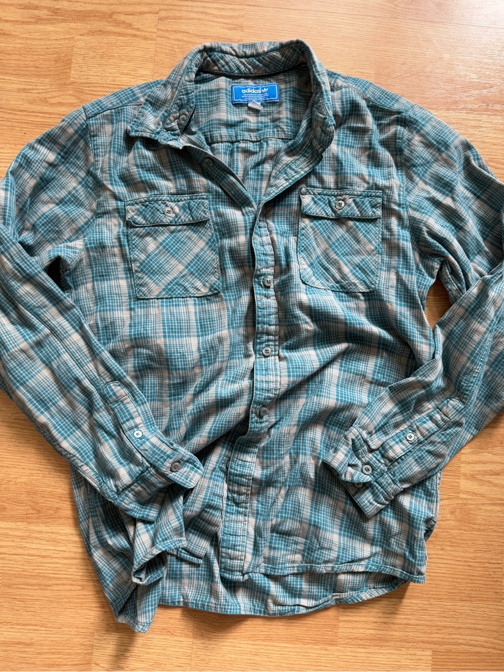 Vintage Adidas Originals Plaid Flannel Shirt Teal Aqua Gray Men's Large